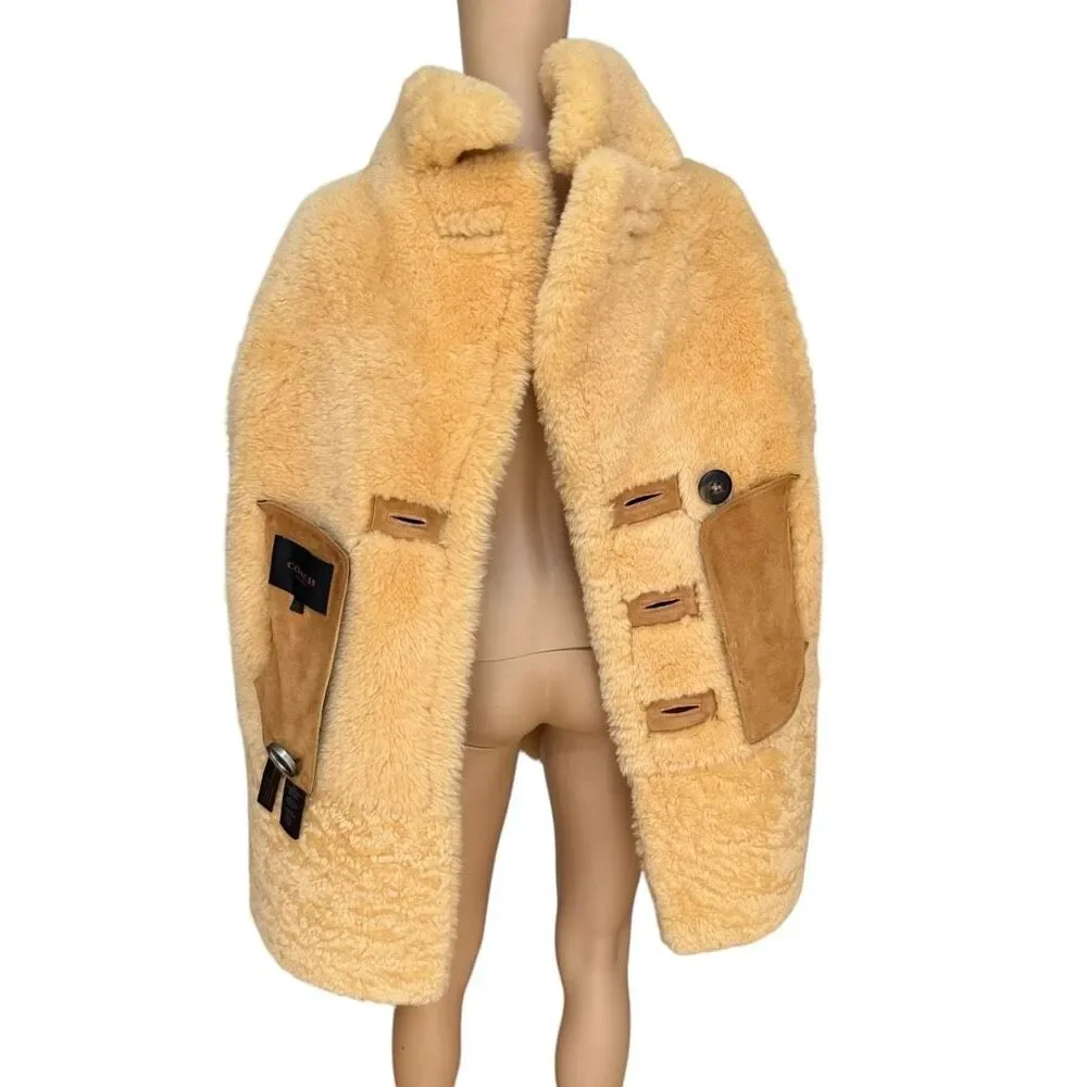 Coach Sheepskin Fur Coat in honey double-breasted plush shearling trim size M